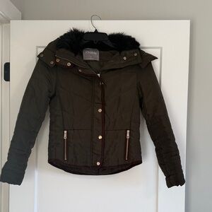 2Sable Olive Green Puffer Jacket with Faux Fur Hood brown and gold accents